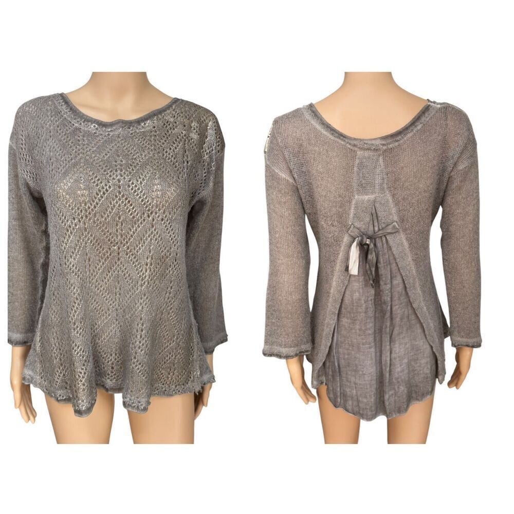 Tempo Paris tan wool blend knit boho sweater bow in the back size M